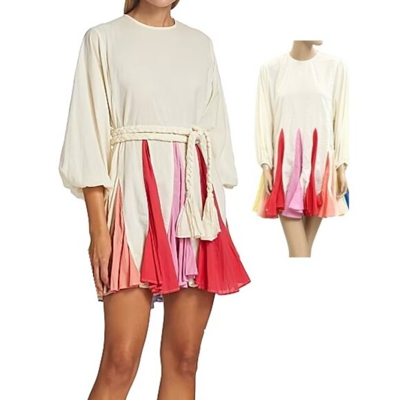 NEW $445 RHODE WHITE ELLA FLOWY COTTON MINI DRESS W/PINK & RED BLOCK HEM SIZE M - Picture 2 of 15
